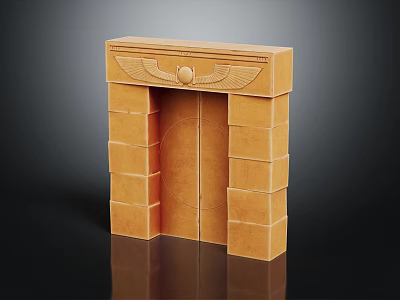 Egyptian Style Decorative Structure with Stacked Stone Blocks Winged Top Ornament and Circular Center Design 3d model