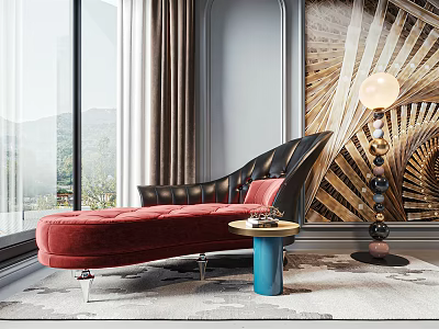 Elegant Red Black Chaise Lounge With Small Blue Table Modern Lamp And Large Window Curtains 3d model