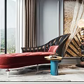 Elegant Red Black Chaise Lounge With Small Blue Table Modern Lamp And Large Window Curtains