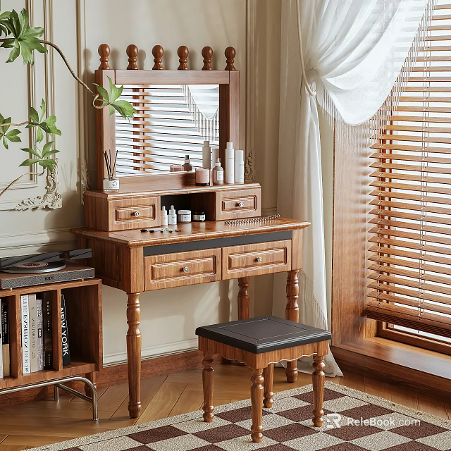 Natural Wood Dressing Table with Mirror Drawers Cosmetics Bottles Green Plant Stool and Wooden Blinds 3d model 