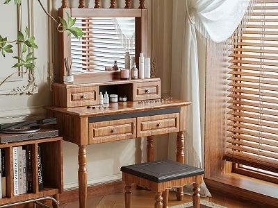 Natural Wood Dressing Table with Mirror Drawers Cosmetics Bottles Green Plant Stool and Wooden Blinds 3d model