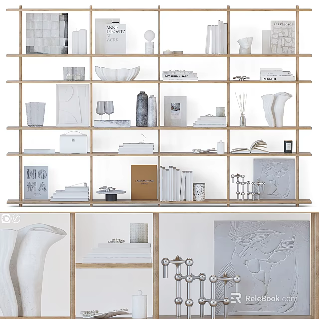 Modern White Wooden Display Shelves With Decorative Items Books Vases And Art Pieces 3d model 