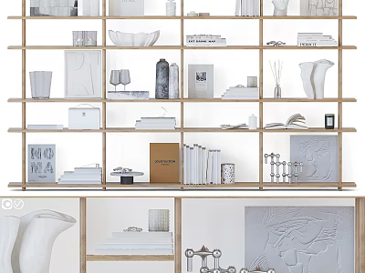 Modern White Wooden Display Shelves With Decorative Items Books Vases And Art Pieces 3d model