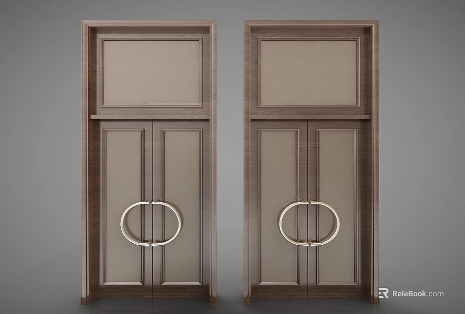 Elegant Wooden Double Doors With Metal Ring Handles And Panel Design 3d model 