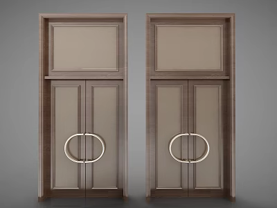 Elegant Wooden Double Doors With Metal Ring Handles And Panel Design 3d model