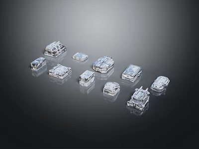 Transparent Smart Machines With Various Shapes Arranged On Dark Background 3d model