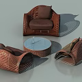 Outdoor Wicker Sofa Set With Brown Cushions And Round Coffee Table 3d model