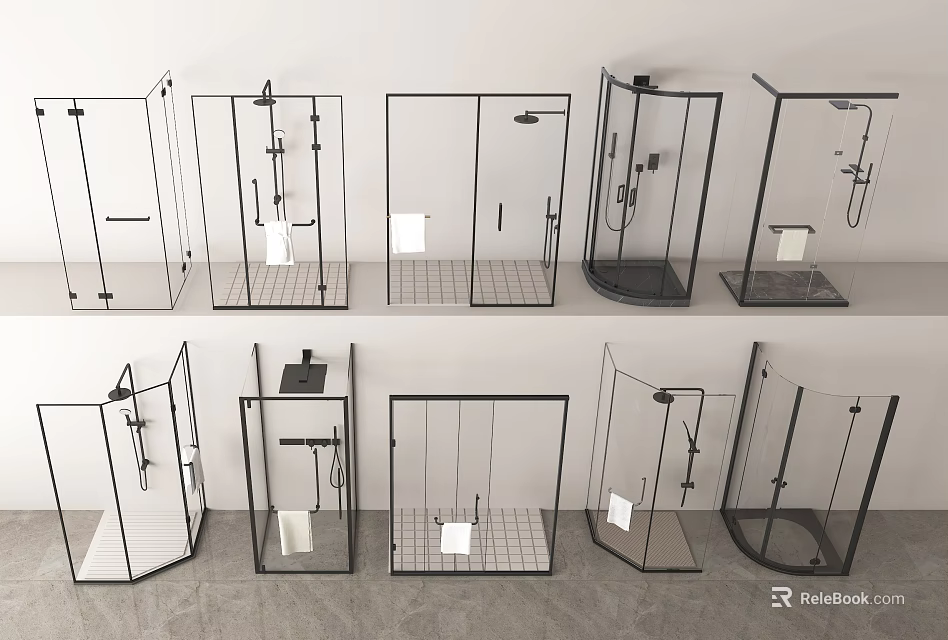 Stylish Shower Head Options With Modern Glass Shower Enclosures And Diverse Designs 3d model 
