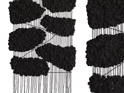 Modern Wall Decor With Clustered Black Small Spheres Hanging On Thin Strings 3d model