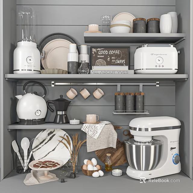 Stylish Kitchen Utensils Display On Shelves With Coffee Maker Toaster Kettle And Mixer 3d model 