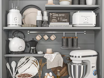 Stylish Kitchen Utensils Display On Shelves With Coffee Maker Toaster Kettle And Mixer 3d model