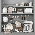 Stylish Kitchen Utensils Display On Shelves With Coffee Maker Toaster Kettle And Mixer