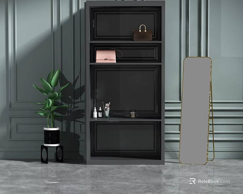 Black Modern Shelf Unit with Green Plant and Floor Mirror in Stylish Room 3d model 
