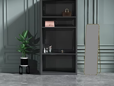 Black Modern Shelf Unit with Green Plant and Floor Mirror in Stylish Room 3d model