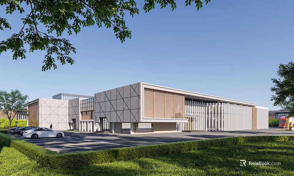 Industrial Factory Building Modern Geometric Facade With Green Lawn Trees And White Car 3d model 
