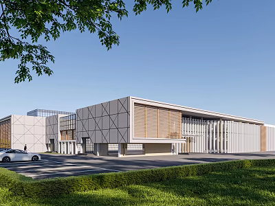 Industrial Factory Building Modern Geometric Facade With Green Lawn Trees And White Car 3d model