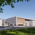 Industrial Factory Building Modern Geometric Facade With Green Lawn Trees And White Car