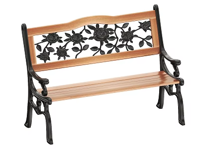 Public Bench With Wooden Seat And Ornate Metal Floral Backrest Design 3d model