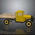 Yellow Truck Model With Wooden Cargo Bed Black Front Yellow Rims Gray Background And Reflection