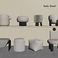 Modern Sofa Stools With Various Designs Displayed On Shelf And Floor 3d model