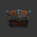 Wooden Treasure Chest With Blue Decorative Bands Golden Metal Fittings And Central Gemstone