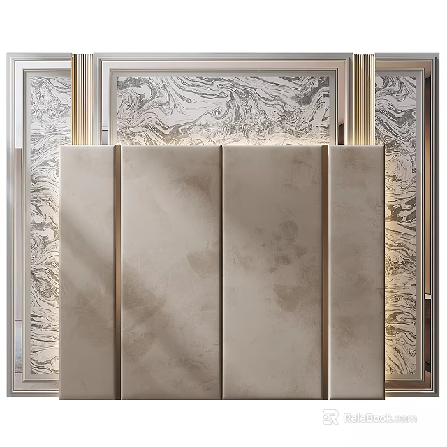 Elegant Modern Bedroom Accent Wall With Marble Texture And Golden Frames 3d model 