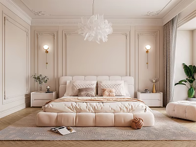 Elegant Modern Bedroom Interior With Paneled Walls Chandelier Nightstands Rug And Potted Plant 3d model