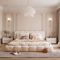 Elegant Modern Bedroom Interior With Paneled Walls Chandelier Nightstands Rug And Potted Plant