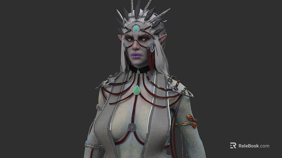 Woman With Spiked Headdress Green Gemstone Long White Hair And Elaborate Outfit 3d model 