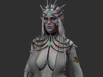 Woman With Spiked Headdress Green Gemstone Long White Hair And Elaborate Outfit 3d model