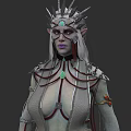 Woman With Spiked Headdress Green Gemstone Long White Hair And Elaborate Outfit