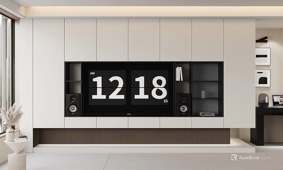 Modern TV Wall Unit With White Cabinets Black Open Shelves Wooden Base And Speakers 3d model 