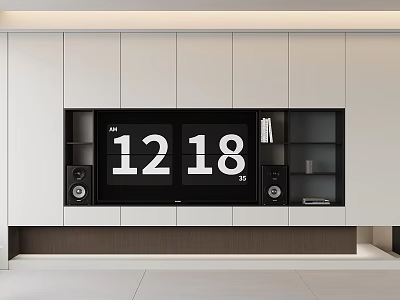 Modern TV Wall Unit With White Cabinets Black Open Shelves Wooden Base And Speakers 3d model