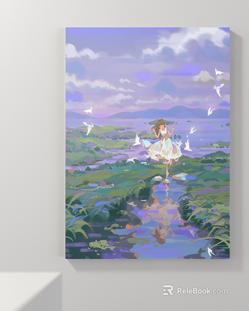 Landscape Painting Of Girl With Flying Birds Green Grass And Water Reflection In Purple Sky 3d model 