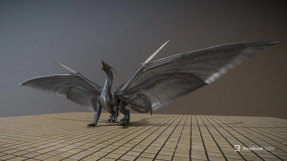 Majestic Mythical Flying Dragon With Spread Wings Standing On Grid Patterned Floor Against Gray Background 3d model 