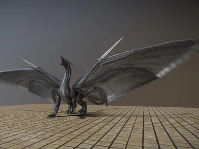 Majestic Mythical Flying Dragon With Spread Wings Standing On Grid Patterned Floor Against Gray Background 3d model