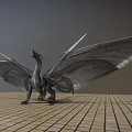 Majestic Mythical Flying Dragon With Spread Wings Standing On Grid Patterned Floor Against Gray Background