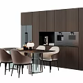 Modern Dining Table Set With Dark Wood Cabinets And Kitchen Appliances 3d model