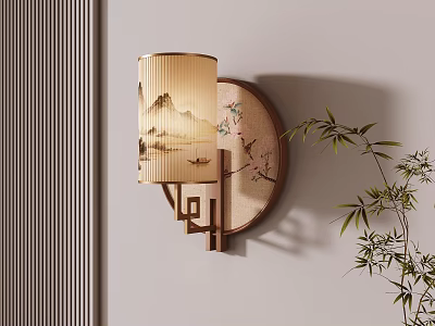 Traditional Chinese Wall Lamp With Landscape Shade Bamboo And Round Wooden Frame 3d model