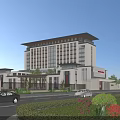 Modern Office Building Exterior with Glass Facade Multiple Floors Landscaped Surroundings and Parking Area