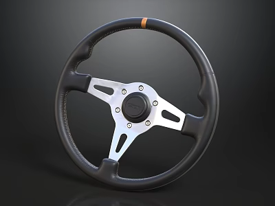 Black Leather Sport Steering Wheel With Silver Metal Accents And Ergonomic Grip 3d model