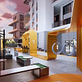 Modern Commercial Street Featuring Orange Decorative Structure Outdoor Seating Bar Stools And Tiled Floor