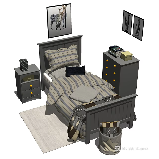 Double Bed with Striped Bedding Pillows and Matching Nightstands Dresser Wall Art and Rug 3d model 