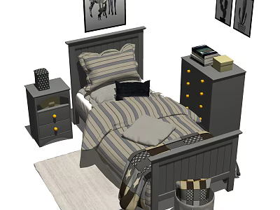 Double Bed with Striped Bedding Pillows and Matching Nightstands Dresser Wall Art and Rug 3d model