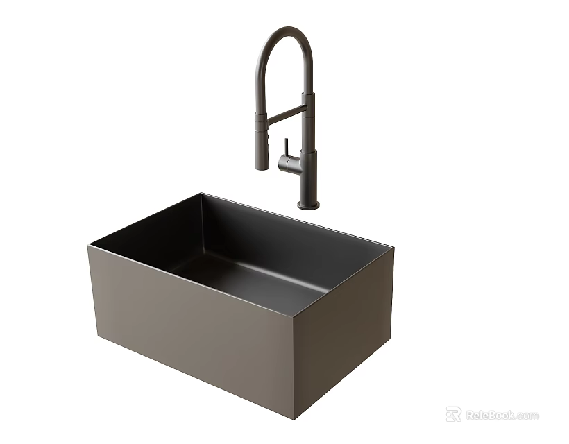 Modern Black Rectangular Kitchen Sink With Curved Matte Faucet Fixture Design 3d model 
