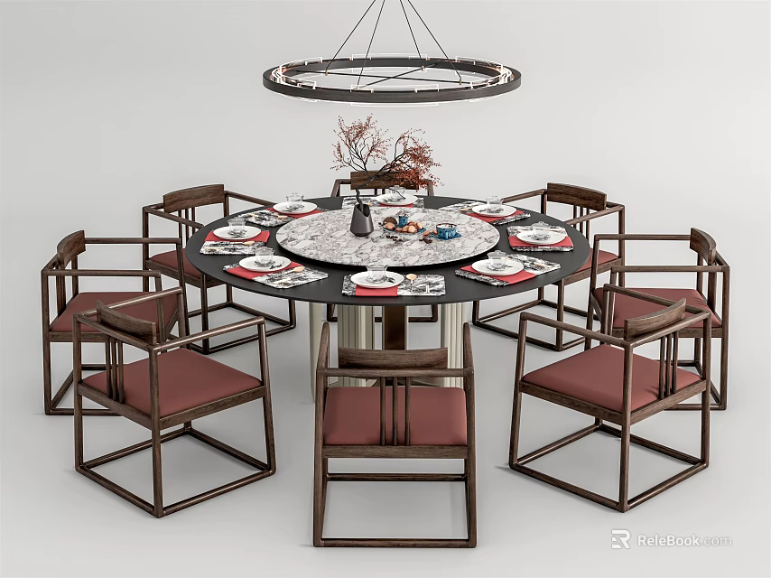 Round Dining Table Set With Wooden Frame Red Seats Hanging Chandelier And Tableware Decorations 3d model 