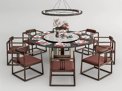 Round Dining Table Set With Wooden Frame Red Seats Hanging Chandelier And Tableware Decorations 3d model