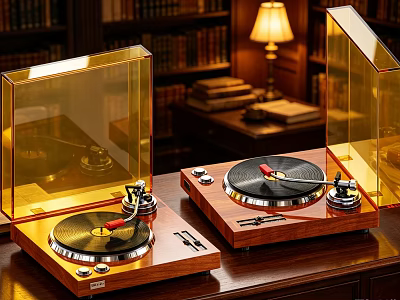 Vintage Turntables with Wooden Base and Transparent Cover in Classic Study Room 3d model