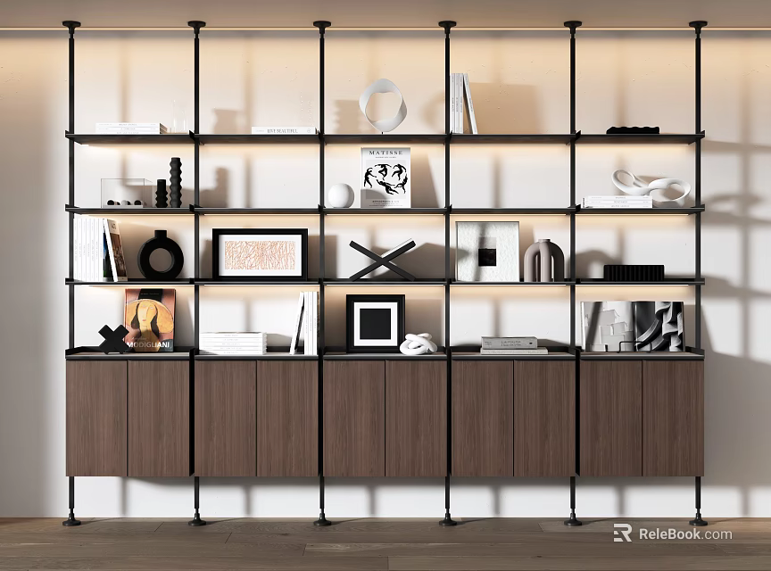 Modern Bookcase With Metal Frame Multiple Shelves Wooden Cabinets And Decorative Items 3d model 