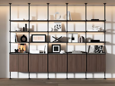 Modern Bookcase With Metal Frame Multiple Shelves Wooden Cabinets And Decorative Items 3d model